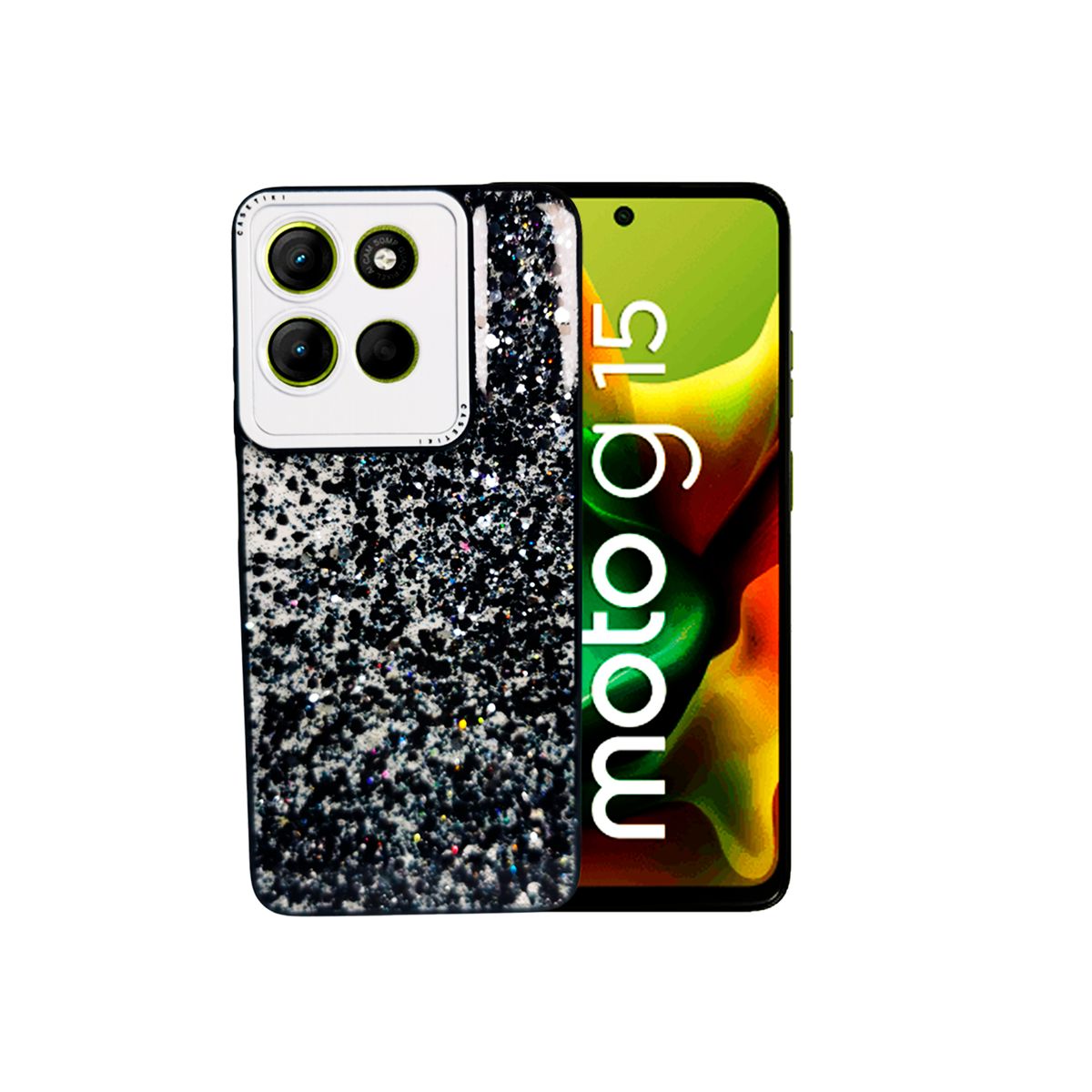 GENERICO - CARCASA PARA MOTOROLA G15 GLITTER INCLUYE POP SOCKET COLOR NEGRO