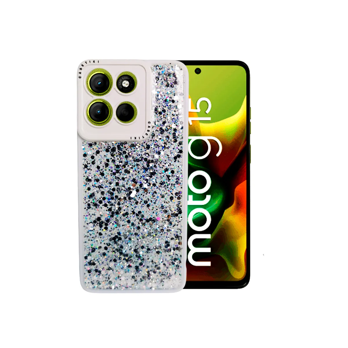 GENERICO - CARCASA PARA MOTOROLA G15 GLITTER INCLUYE POP SOCKET COLOR BLANCO