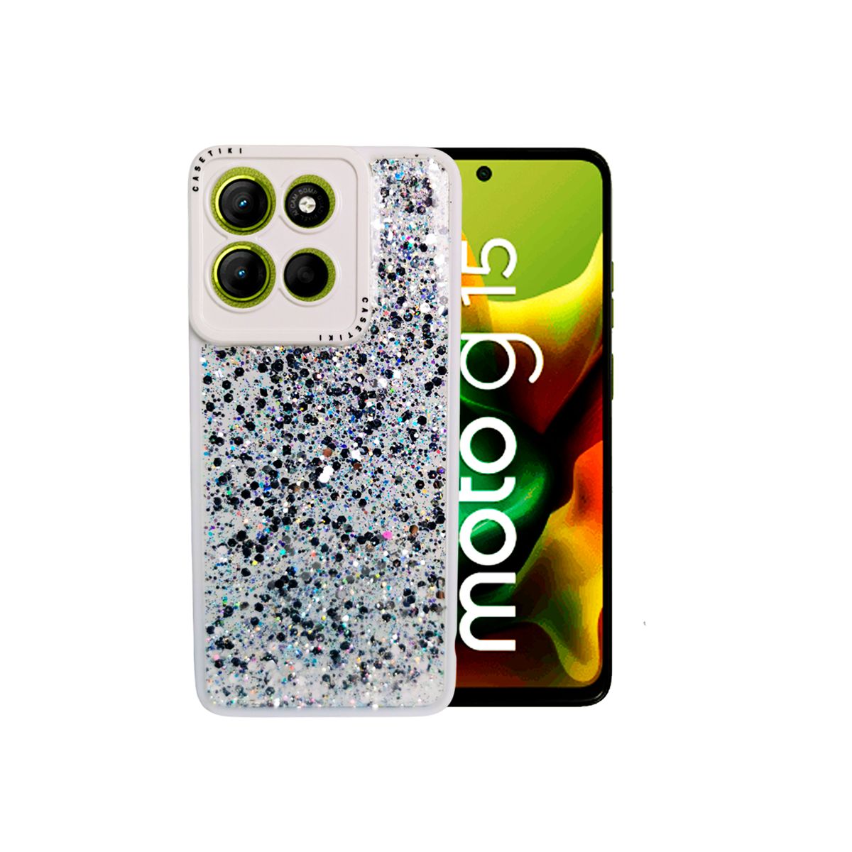 GENERICO - CARCASA PARA MOTOROLA G15 GLITTER INCLUYE POP SOCKET COLOR BLANCO