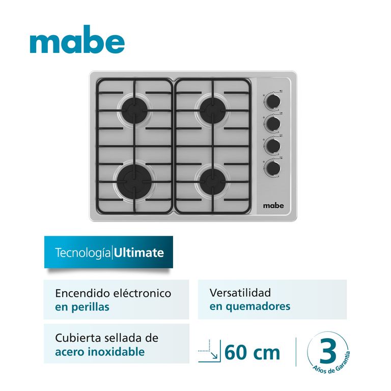 MABE Encimera a Gas 4 platos 60cm Inox CMG6044SD-1CL