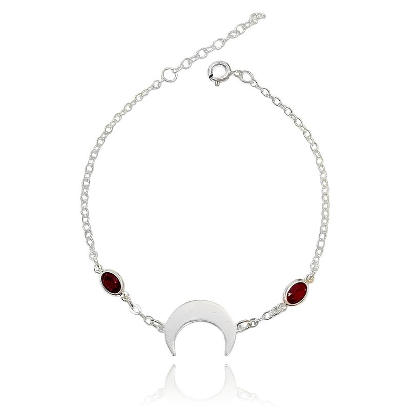 ANDREA COGGIOLA JOYAS - Pulsera Luna Invertida Circón Rojo Plata Fina 925