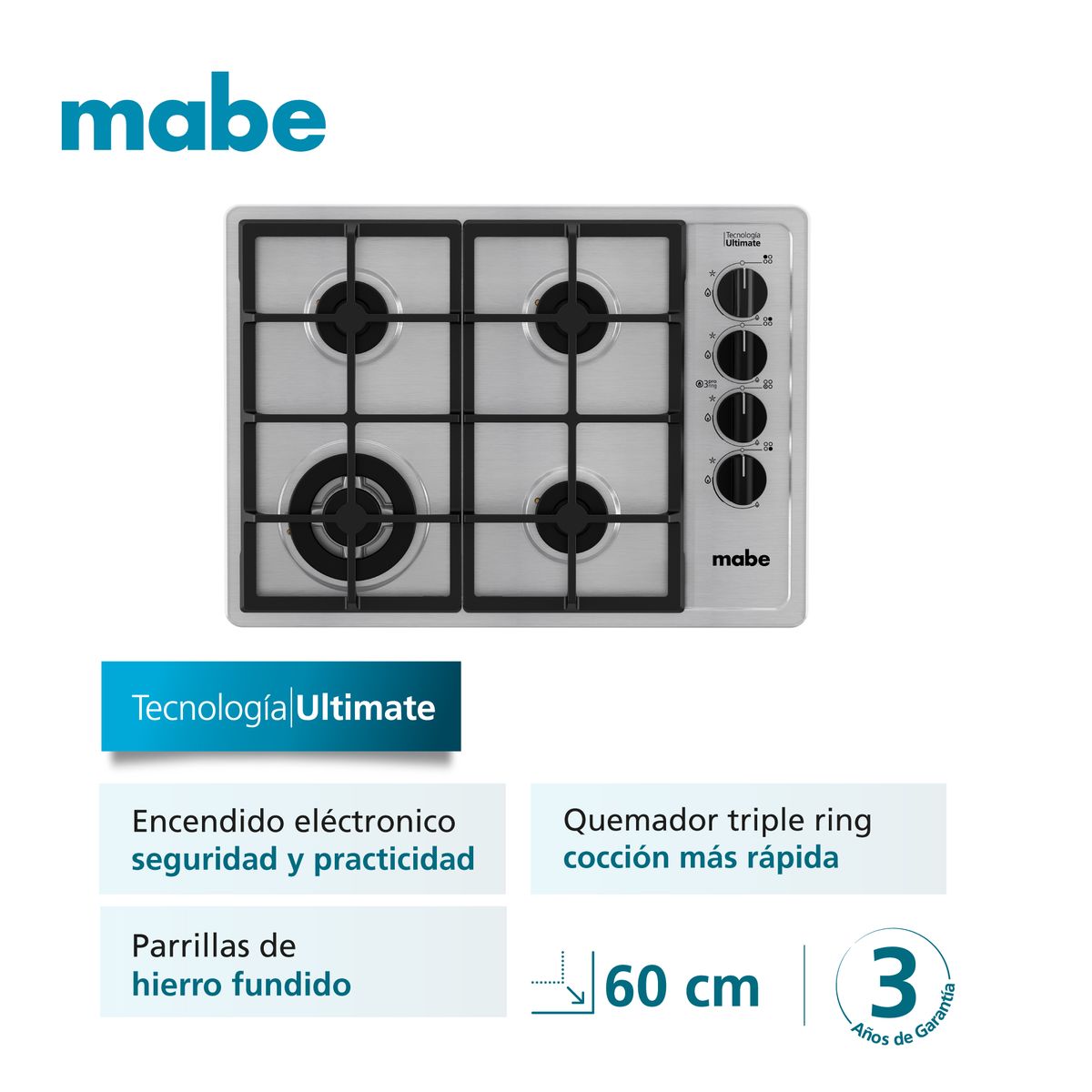 MABE - Encimera a Gas 4 platos 60cm Inox CMG6044LD-1CL Mabe