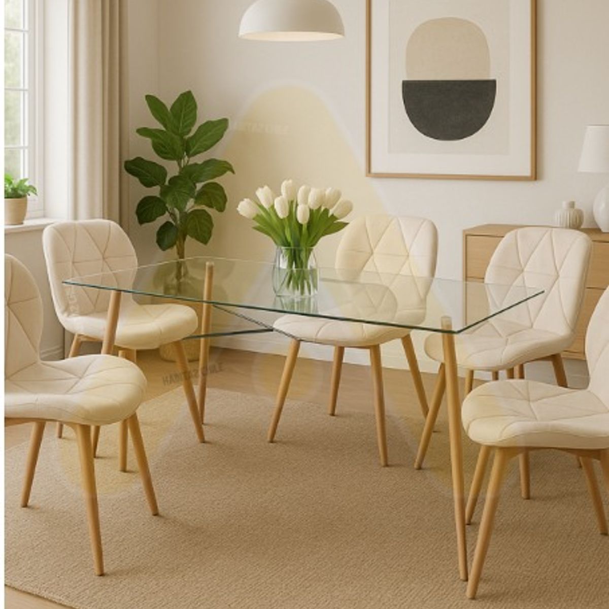 HABITA2 CHILE - COMEDOR CHARLES TERCIOPELO 140 CM - 6 PUESTO BEIGE…