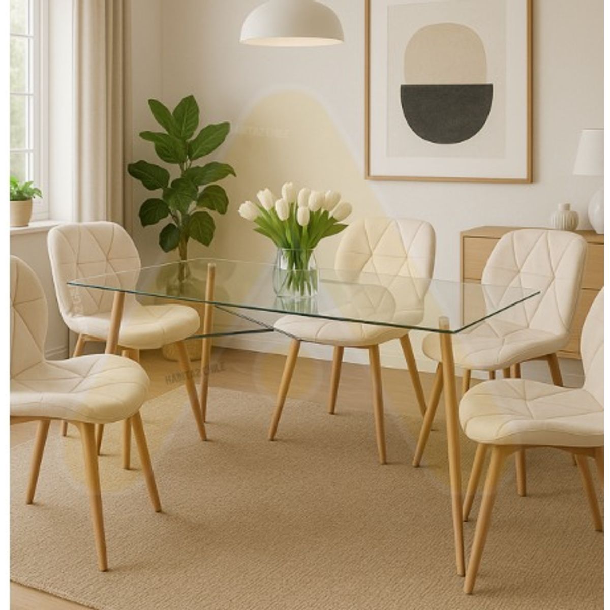 HABITA2 CHILE - COMEDOR CHARLES TERCIOPELO 140 CM - 6 PUESTO BEIGE…