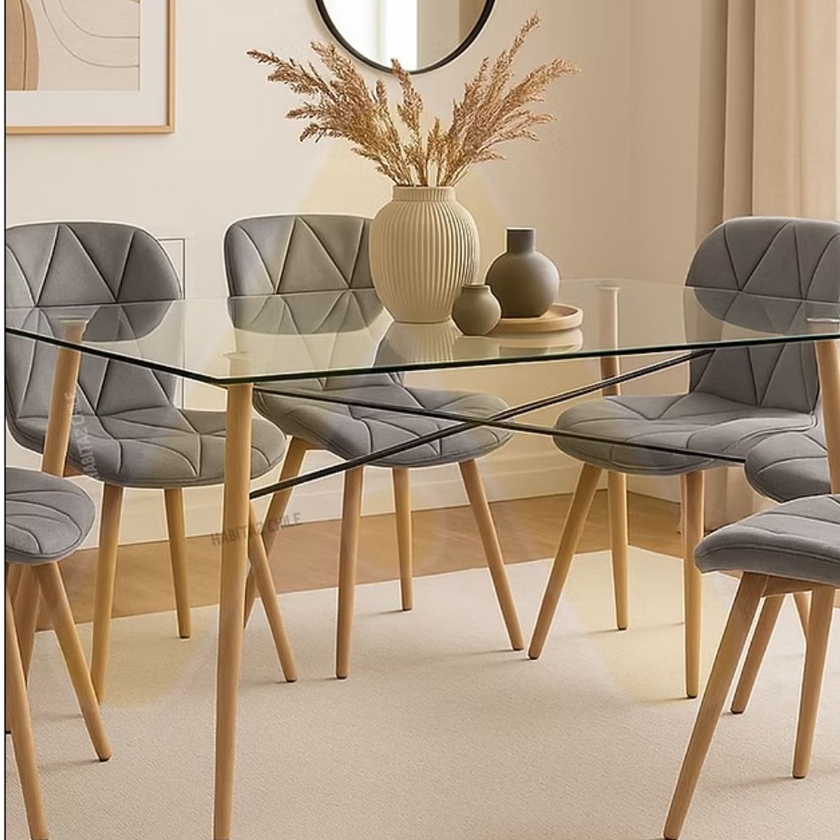 HABITA2 CHILE - COMEDOR CHARLES TERCIOPELO 140 CM - 6 PUESTO GRIS…