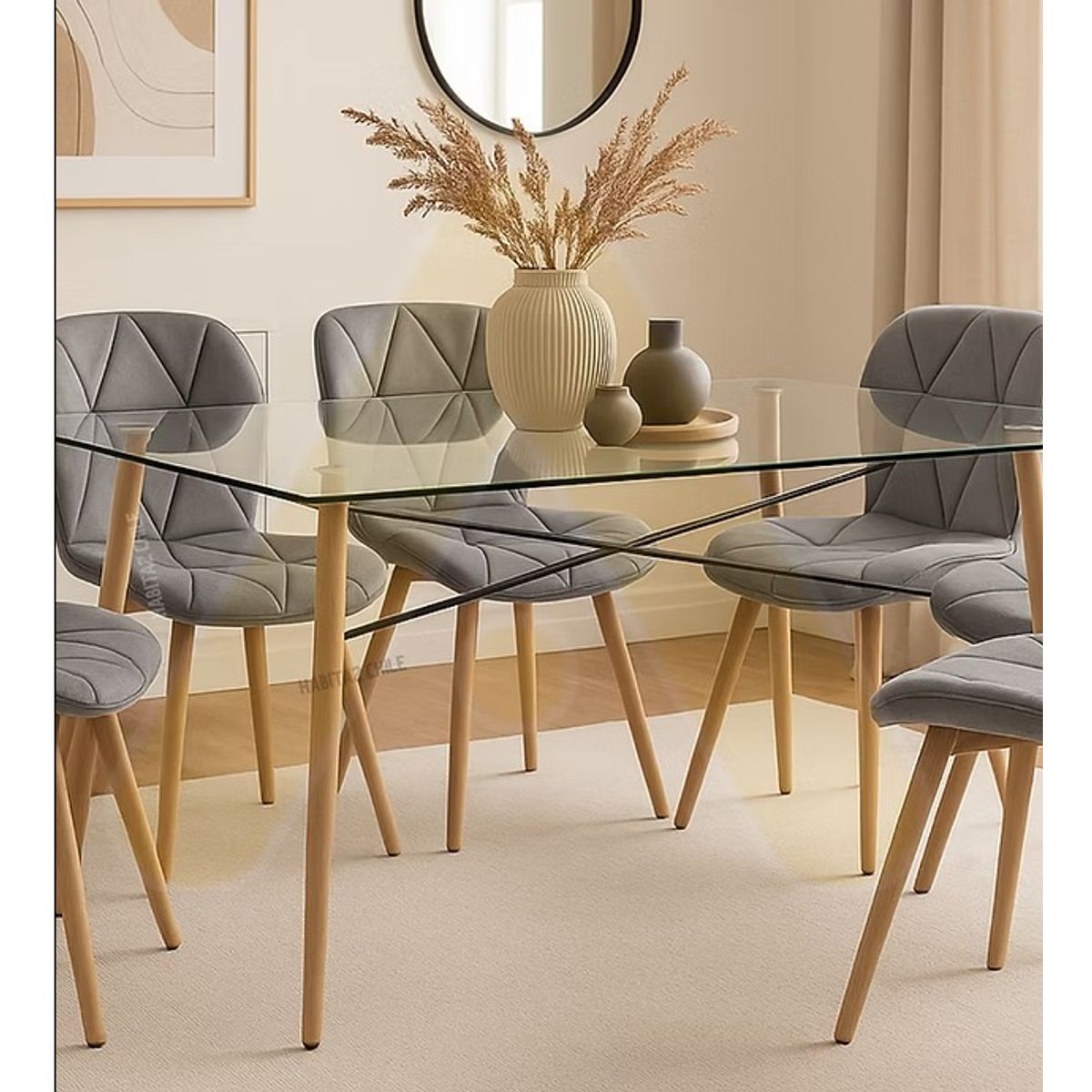 HABITA2 CHILE - COMEDOR CHARLES TERCIOPELO 140 CM - 6 PUESTO GRIS…