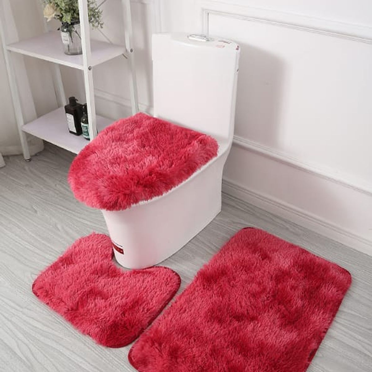 GENERICO - Set de Baño Peludo Alfombra y Salida de Baño 3 Pzas - Burdeo Jaspeado