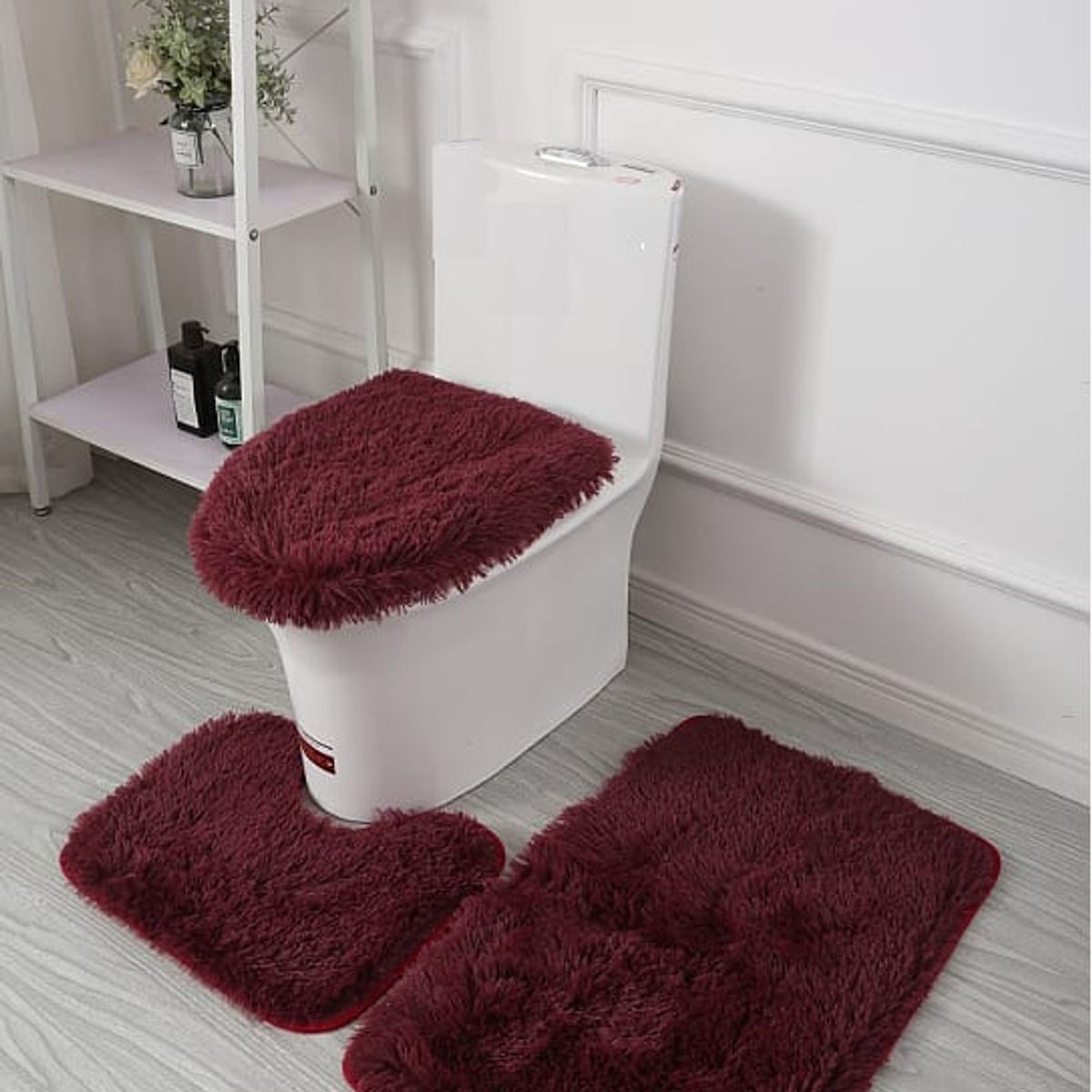 GENERICO - Set de Baño Peludo Alfombra y Salida de Baño 3 Pzas - Color Vino