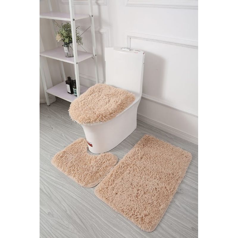 GENERICO - Set de Baño Peludo Alfombra y Salida de Baño 3 Pzas - Beige