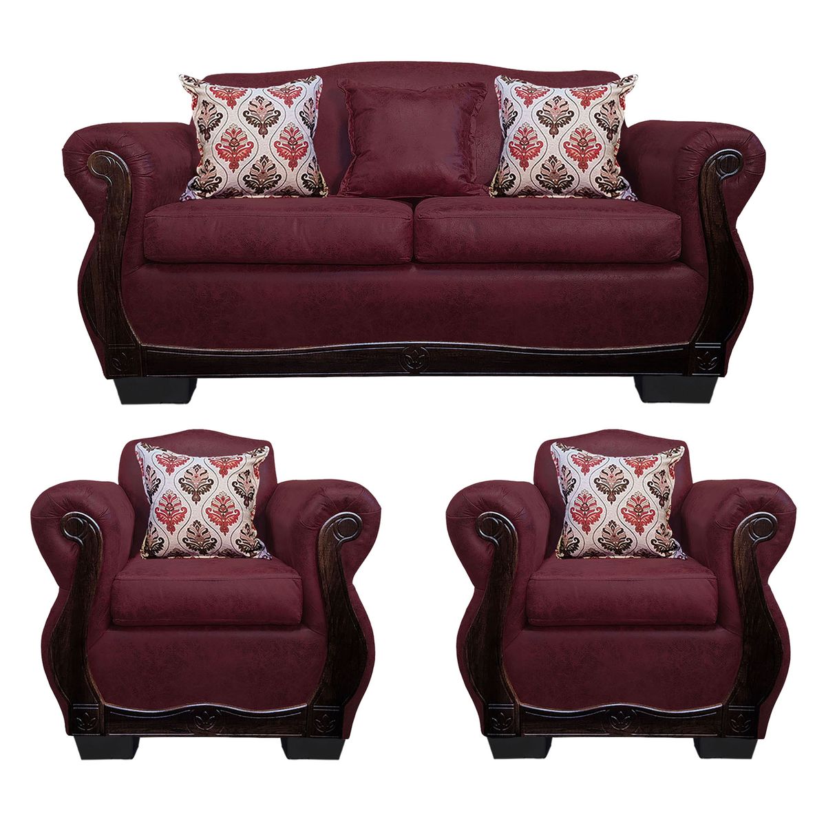 AMERICA DECORA - Living Con Resorte Estructural 5 Cuerpos 3+1+1 Grand Santi Envejecido Burdeo