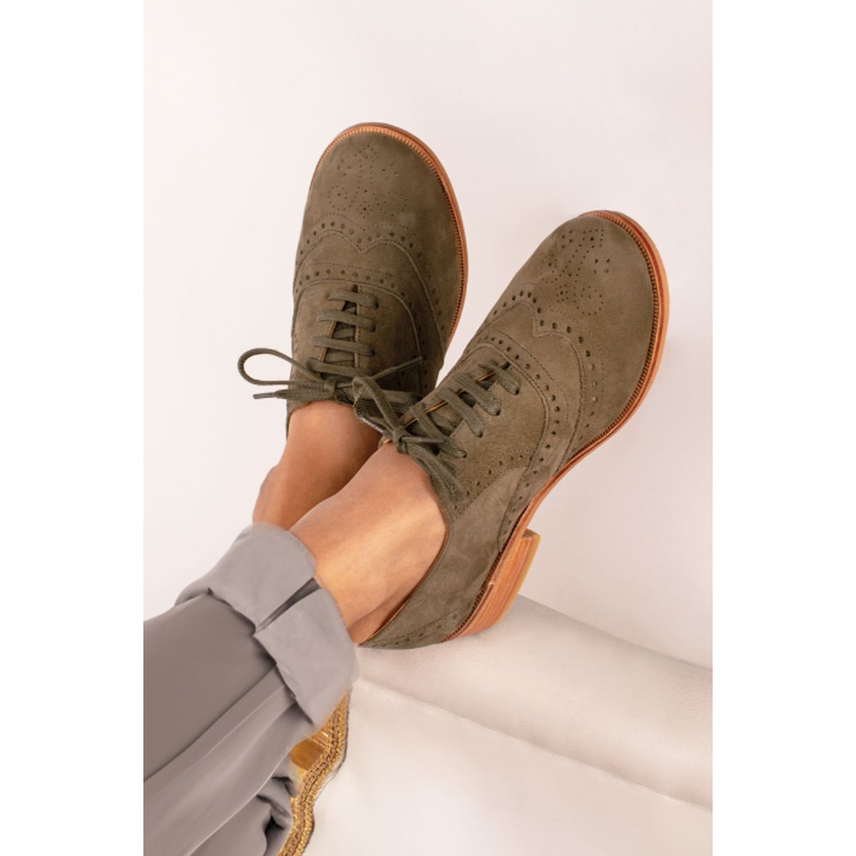 GANDARVA - Zapato Mujer De Cuero Oxford Verde Oliva