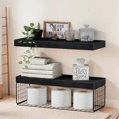 IDEEHOUSE - Set de 2 Repisas Flotantes de Madera con Soporte Metálico