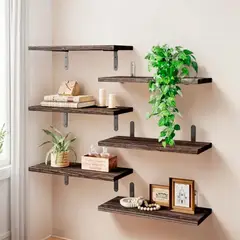 IDEEHOUSE - Set de 6 Repisas Flotantes de Madera con Soporte Metálico