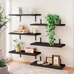 IDEEHOUSE - Set de 6 Repisas Flotantes de Madera con Soporte Metálico