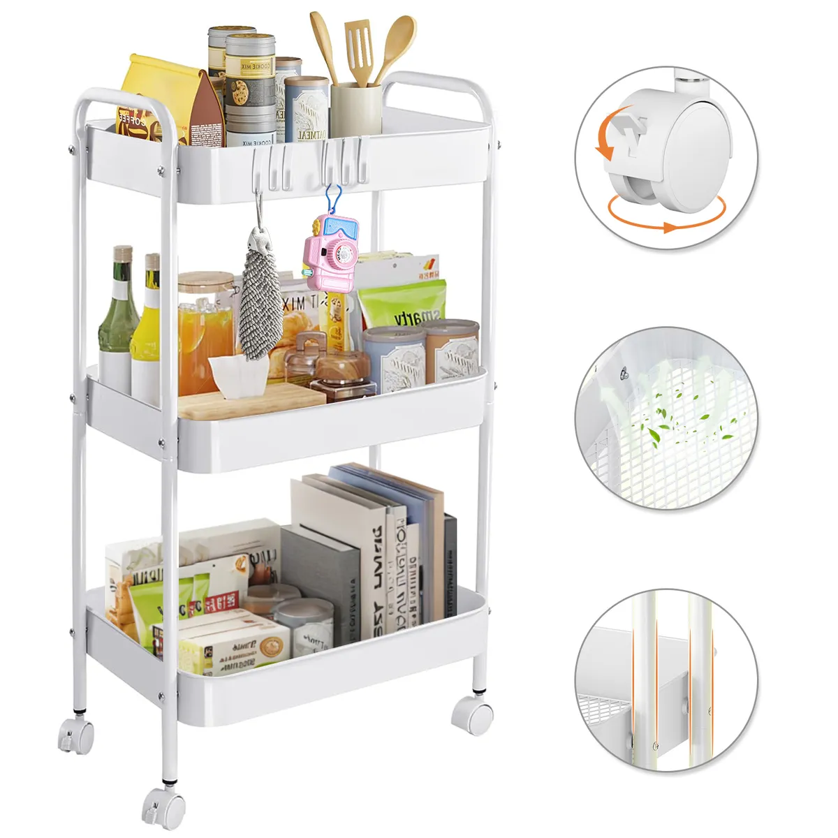REBONEC - Carrito Organizador Metal 3 Niveles Estante Ruedas Bloqueables Blanco