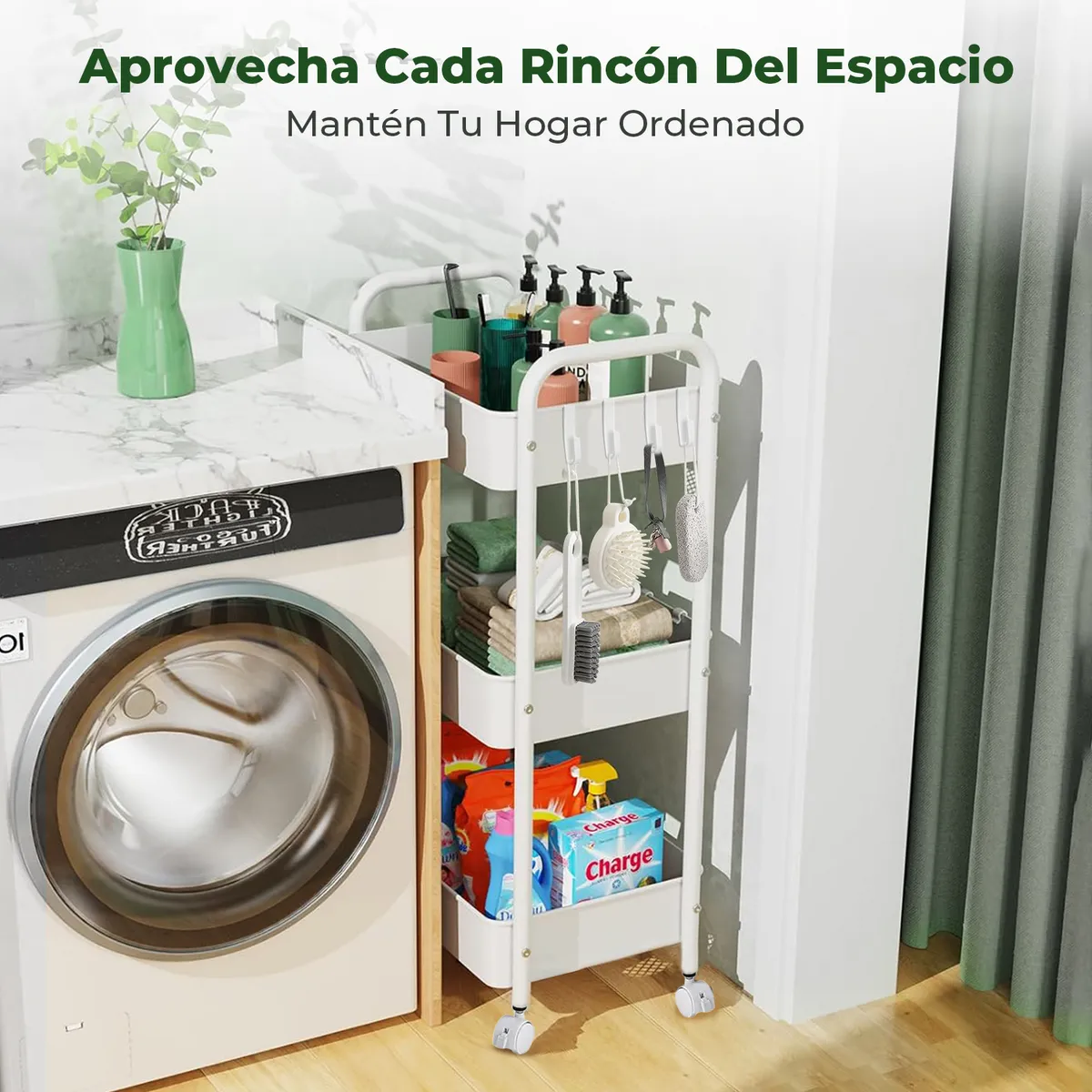 REBONEC - Carrito Organizador Metal 3 Niveles Estante Ruedas Bloqueables Blanco