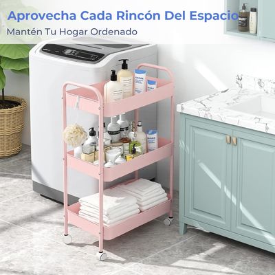Imagen 2 del producto Carrito Organizador Metal 3 Niveles Estante Ruedas Bloqueables Rosa
