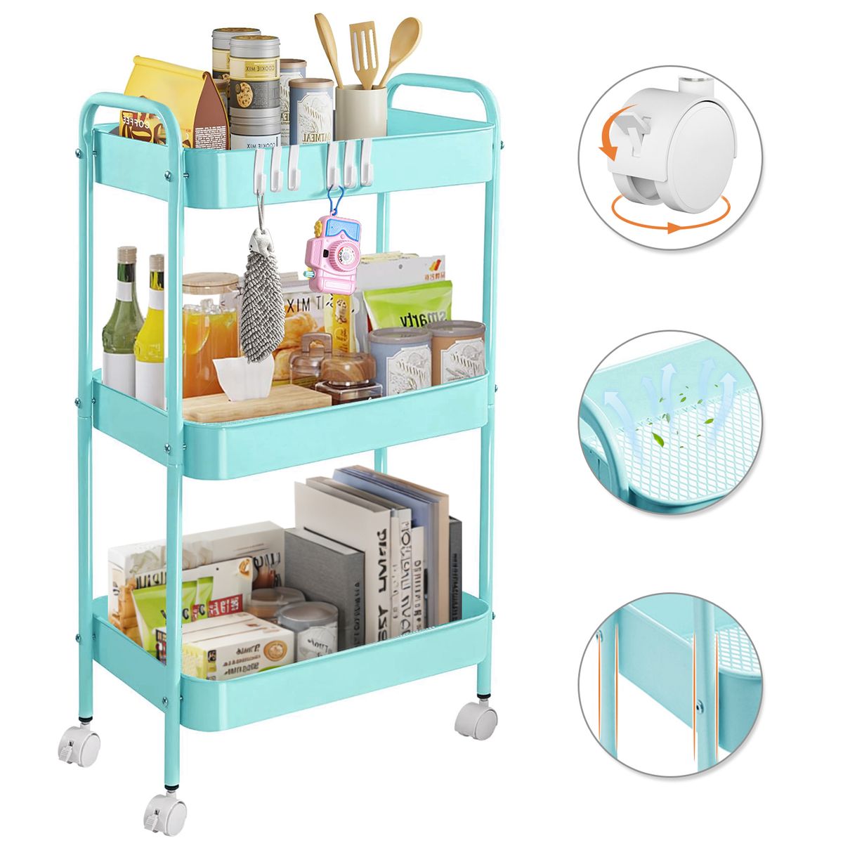 REBONEC - Carrito Organizador Metal 3 Niveles Estante Ruedas Bloqueables Azul
