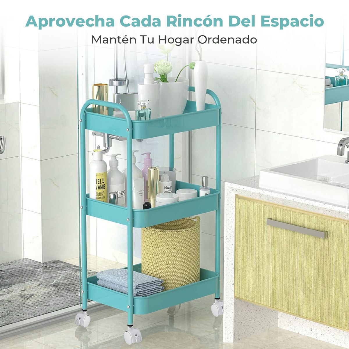 REBONEC - Carrito Organizador Metal 3 Niveles Estante Ruedas Bloqueables Azul