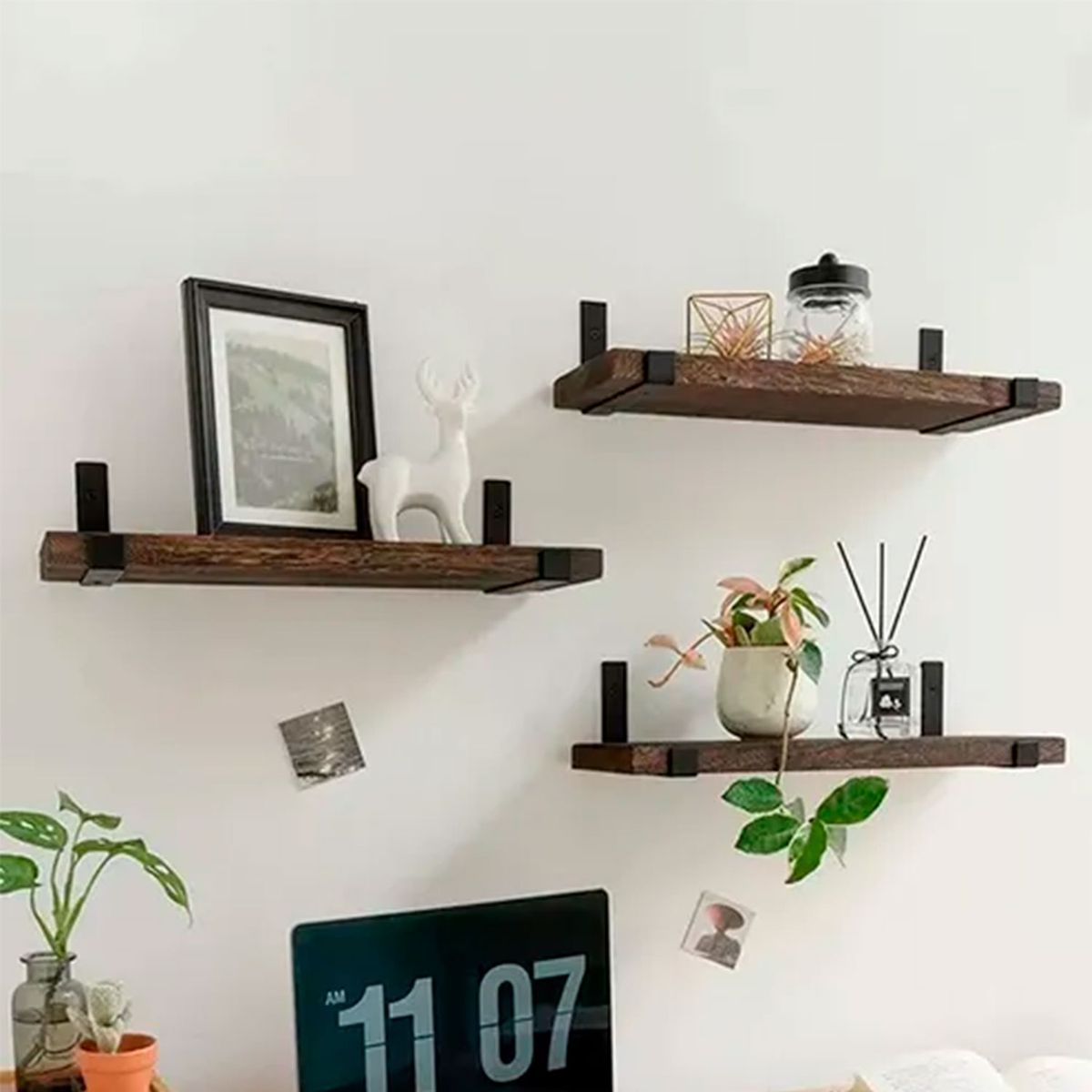 IDEEHOUSE - Set de 4 Repisas de Madera con Soportes Metálicos