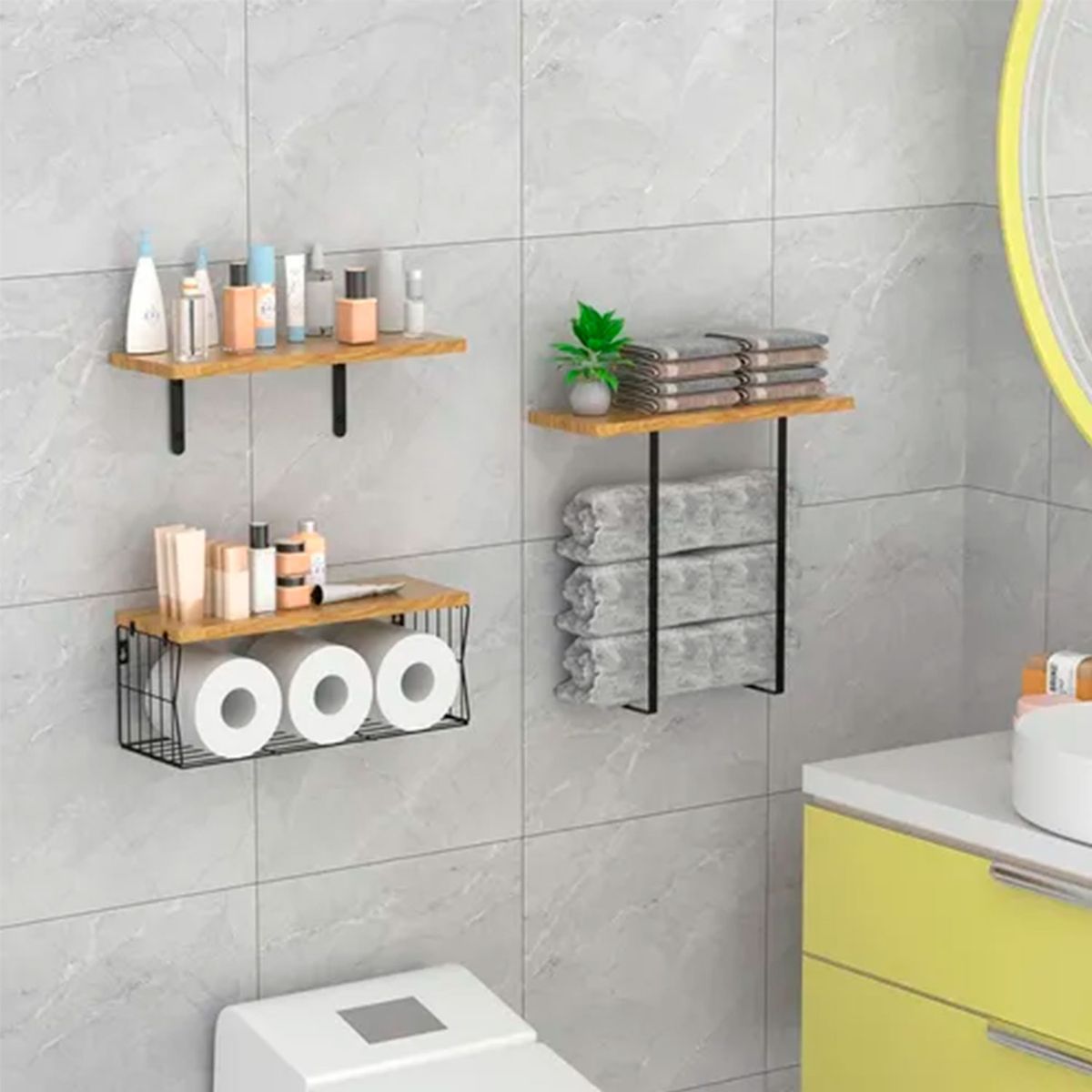 IDEEHOUSE - Set de 3 Repisas de Madera con Soporte Metálico