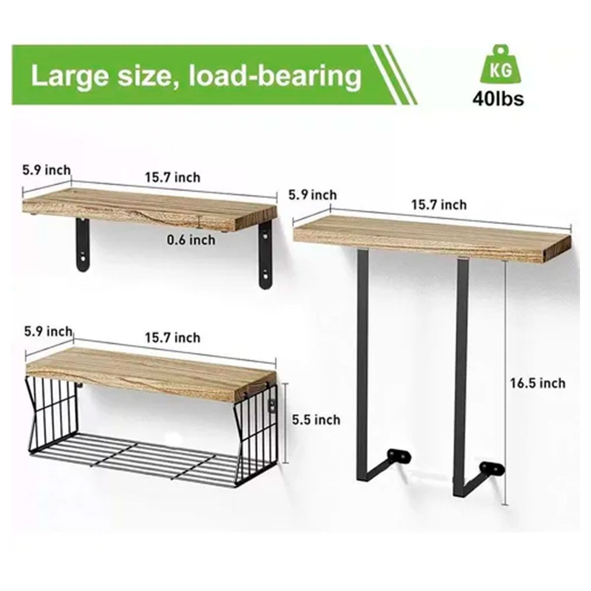 IDEEHOUSE - Set de 3 Repisas de Madera con Soporte Metálico