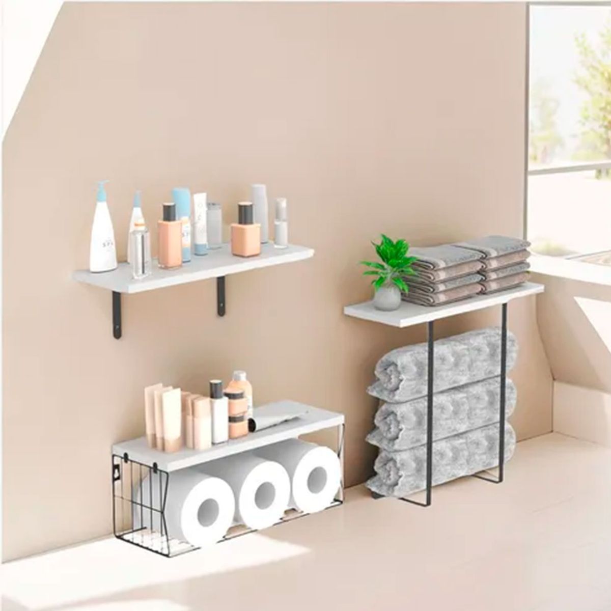 IDEEHOUSE - Set de 3 Repisas de Madera con Soporte Metálico