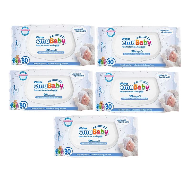 EMUBABY - X5 Toallitas Húmedas Water Emubaby 80unid Hipoalergénicas