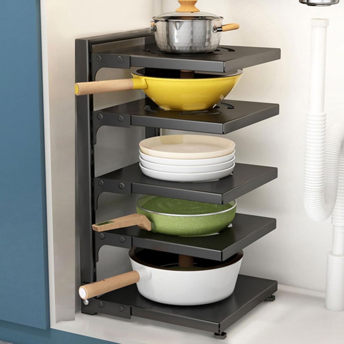 GENERICO - ORGANIZADOR DE COCINA ALAMCENAMIENTO DE OLLAS SARTENES NEGRO WM