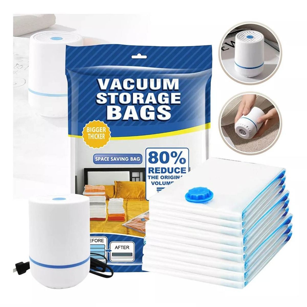 MUNDO MAGIA - 8 Bolsas Organizadoras Al Vacio Con Bomba Electrico 3 Tamaño