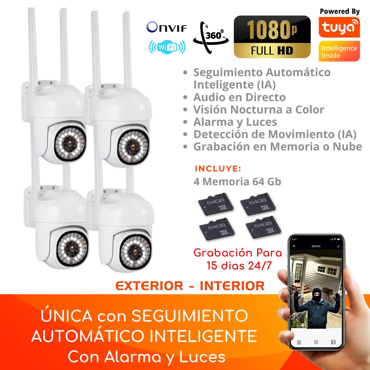D MOTICA - Kit 4 Cámaras Wifi Inteligente Full Hd Motorizada + Memorias