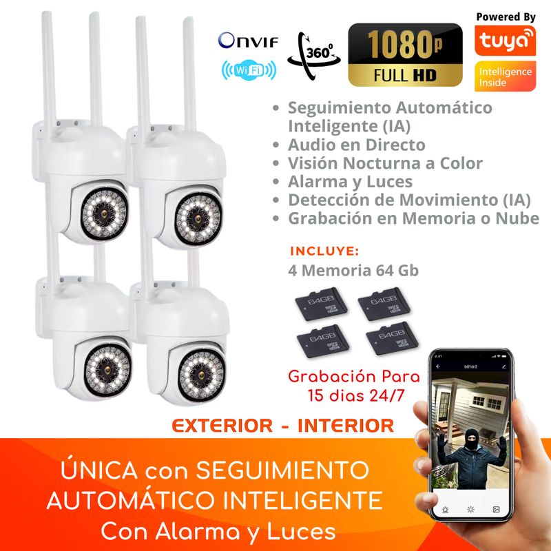 D MOTICA - Kit 4 Cámaras Wifi Inteligente Full Hd Motorizada + Memorias