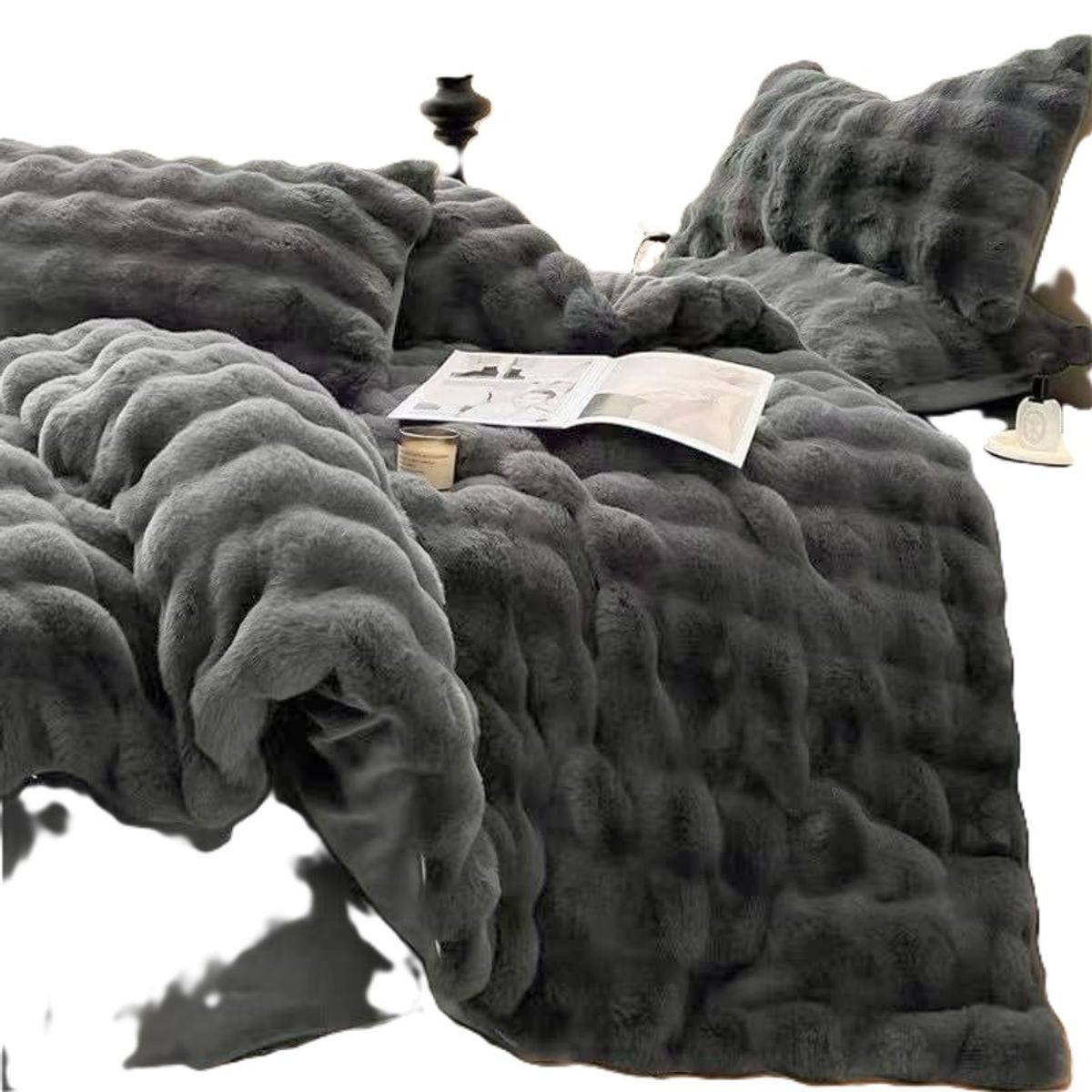 GENERICO - Cubrecama de Invierno Piel de Conejo con Chiporro 2 P Gris Oscuro