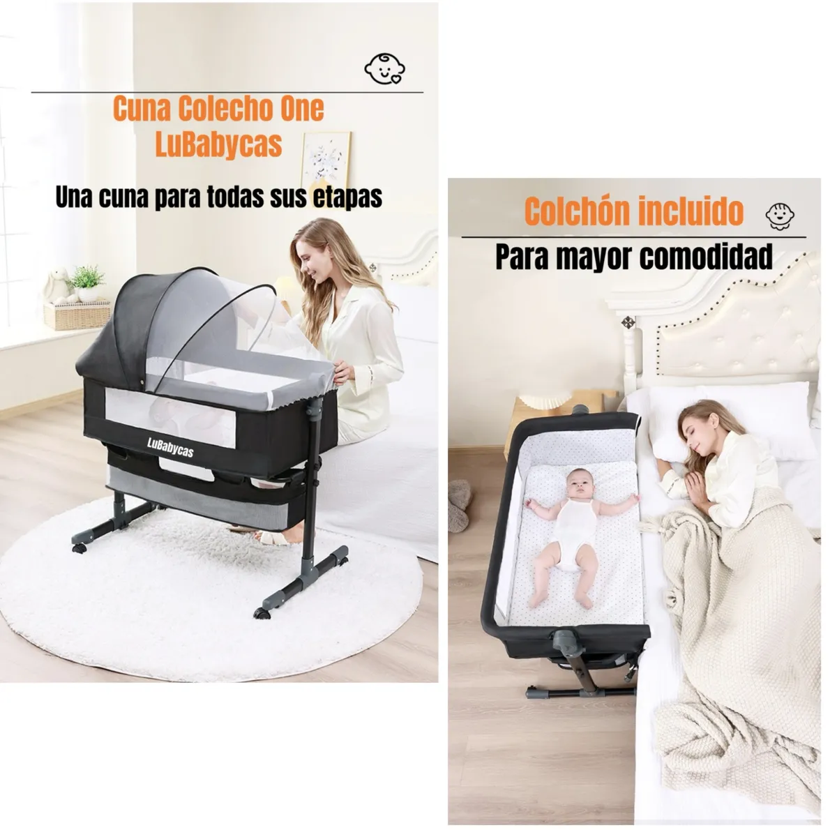 LUBABYCAS - Cuna Colecho One Con Mosquitero Colchón Gris LuBabycas