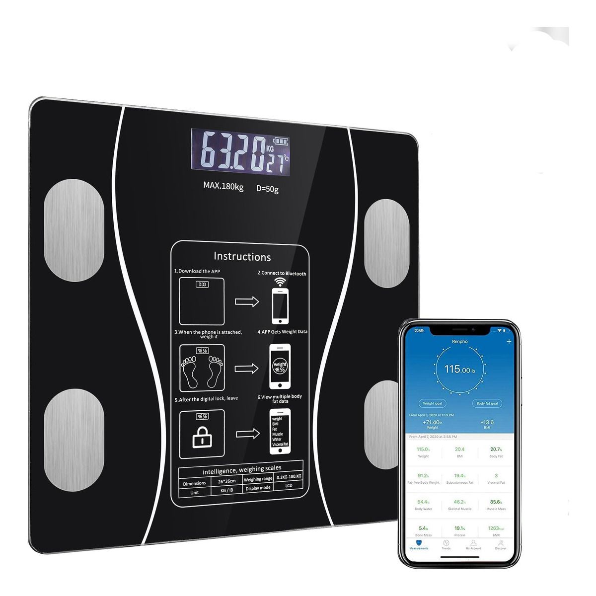 EVERSO - Balanza Pesa Digital Baño Inteligente Bluetooth Hasta 180kg