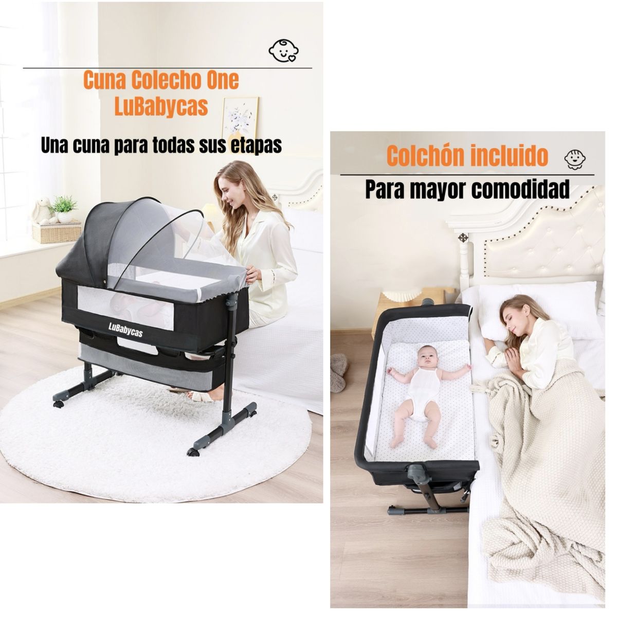 LUBABYCAS - Cuna Colecho One Con Mosquitero Colchón Rosada LuBabycas