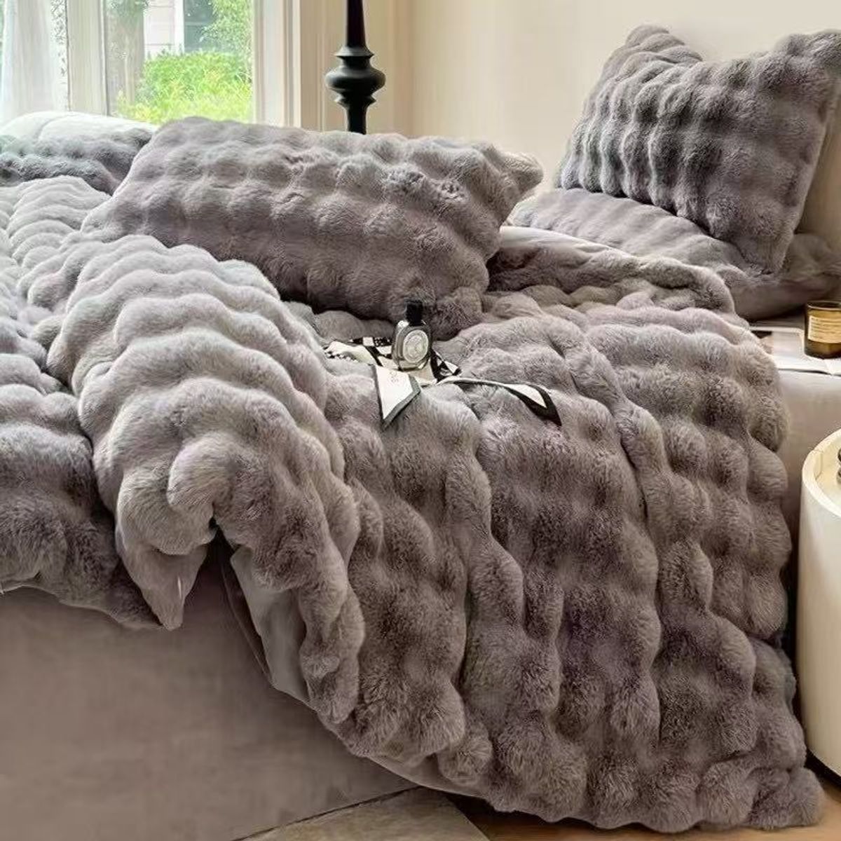 GENERICO - Cobertor de invierno Suave Piel de Conejo 2 Plazas - Gris