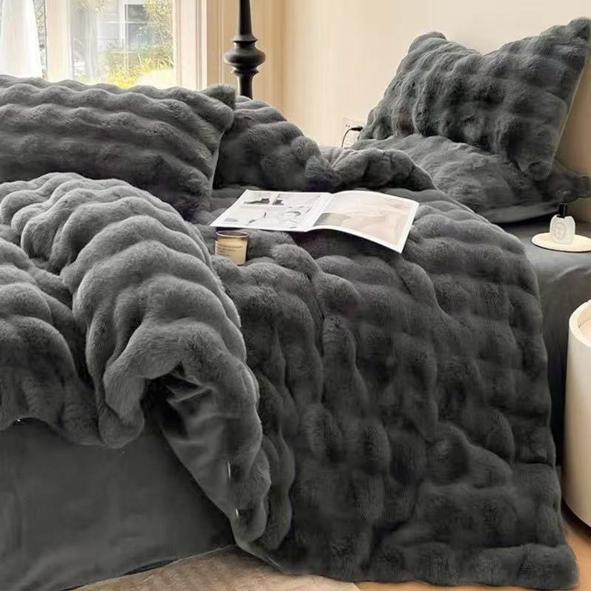 GENERICO - Cobertor de invierno Suave Piel de Conejo 2 Plazas - Gris Plomo