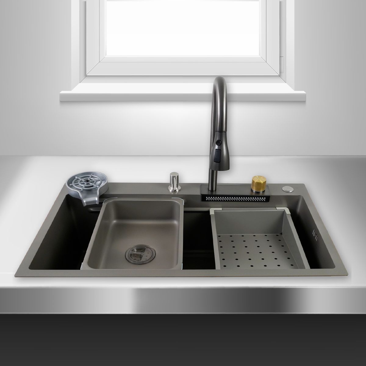 JOYTEK - Lavaplatos Americano Premium con Monomando y Cascada Joytek Gris 75x45x22 cm