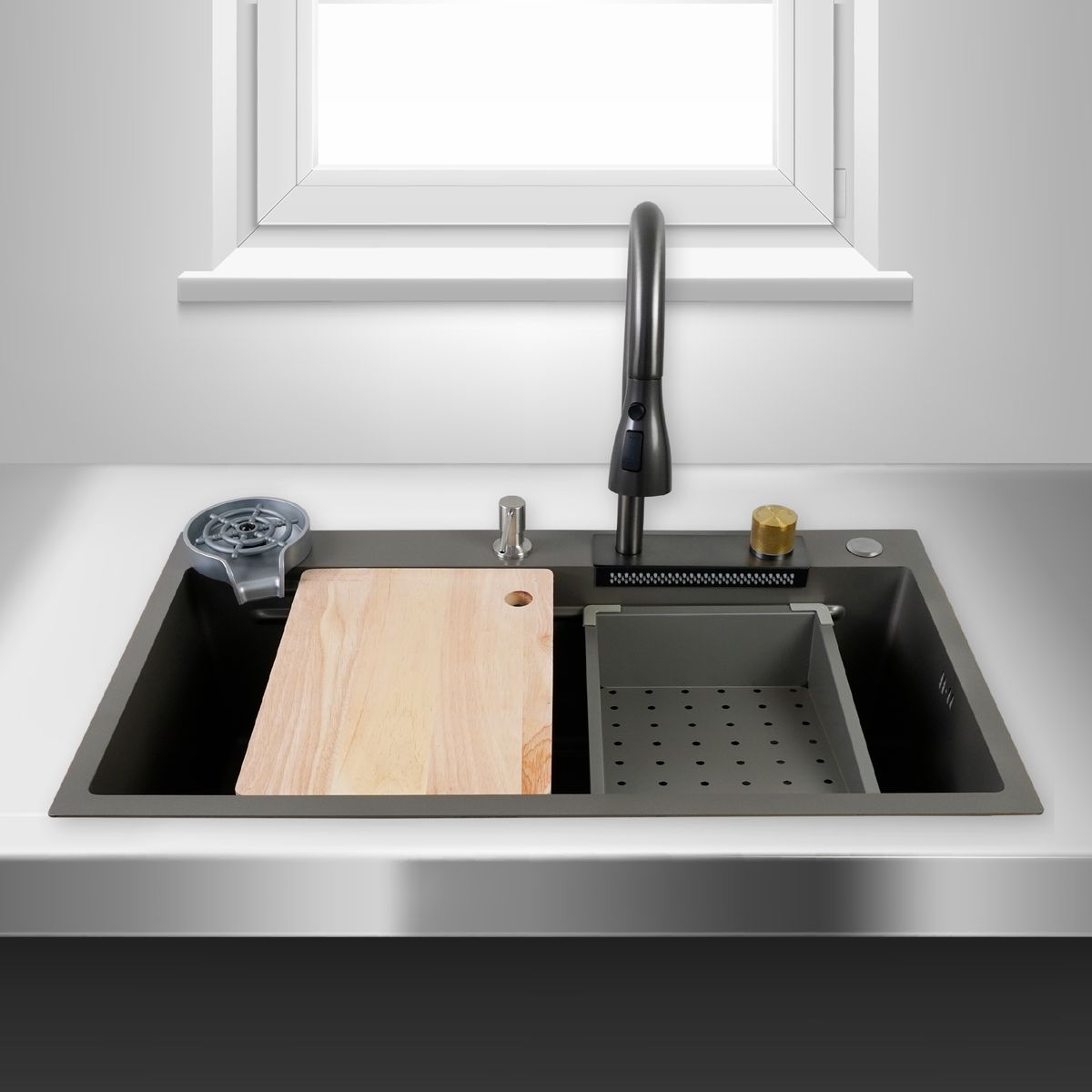 JOYTEK - Lavaplatos Americano Premium con Monomando y Cascada Joytek Gris 75x45x22 cm