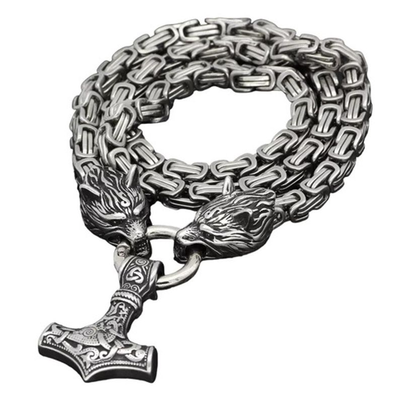 ROYAL - Collar Vikingo Lobo Y Martillo Nordico Acero Hombre Royal Madriz