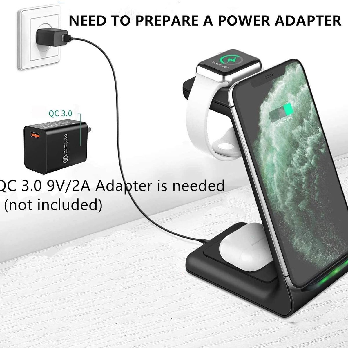 PUREPOWER - 3 en 1 Estación de Carga Inalambrica Rápida para iPhoneApple Watch