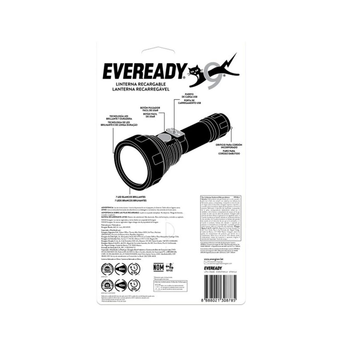 EVEREADY - Linterna LED Recargable USB 60lm Negro