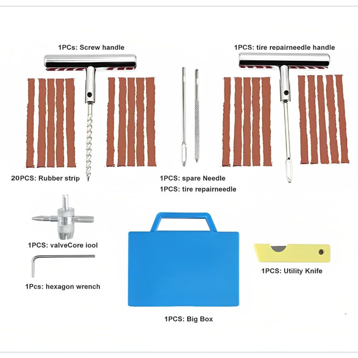 GENERICO - Kit 27 Piezas Reparación Pinchazos Neumático Emergencia Auto