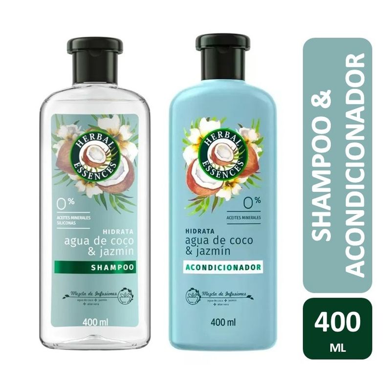 HERBAL ESSENCES - Pack X 2 Shampoo y Acondicionador Herbal Agua de Coco & Jazmin 400 ml