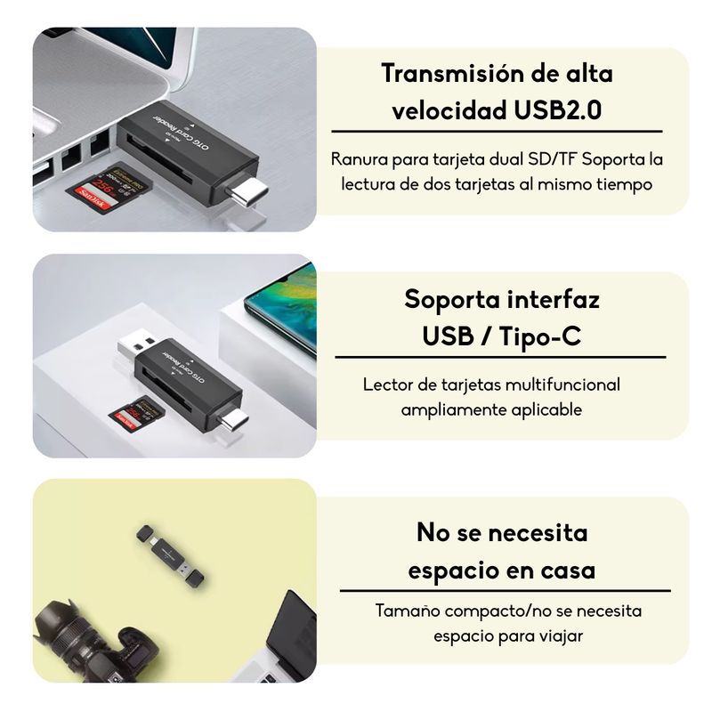 GENERICO - Lector Memoria Tarjeta 2en1 Micro Sd Pc Usb 2.0 Tipo C Negro