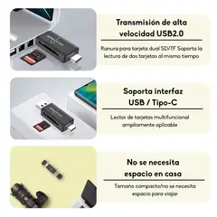 GENERICO - Lector Memoria Tarjeta 2en1 Micro Sd Pc Usb 2.0 Tipo C Negro