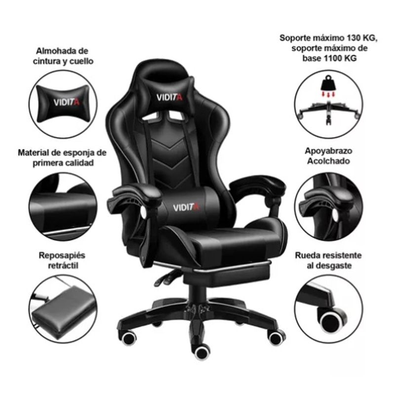 ATLAS - Silla Gamer Reclinable Negra Con Reposapiés Negra