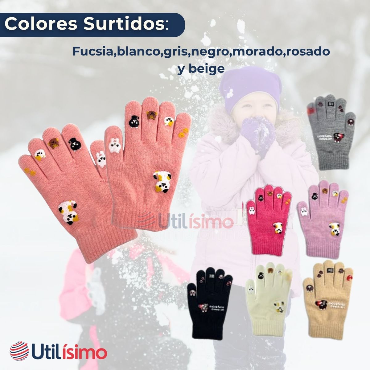 LINE - Guantes 16cm Lana Acrílica Niña Estampado Gato Colores Surtidos