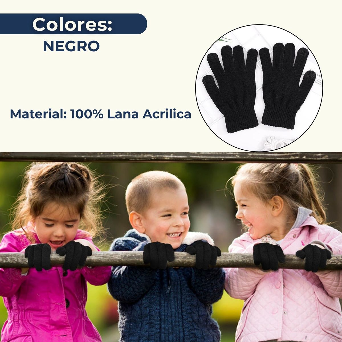 LINE - Guantes 18cm Lana Acrílica Adulto Unisex Liso Negro